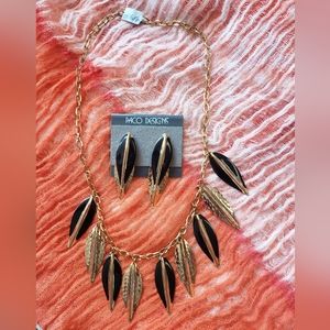 New vintage jewelry necklace earrings set gold black feather dangle Paco Designs